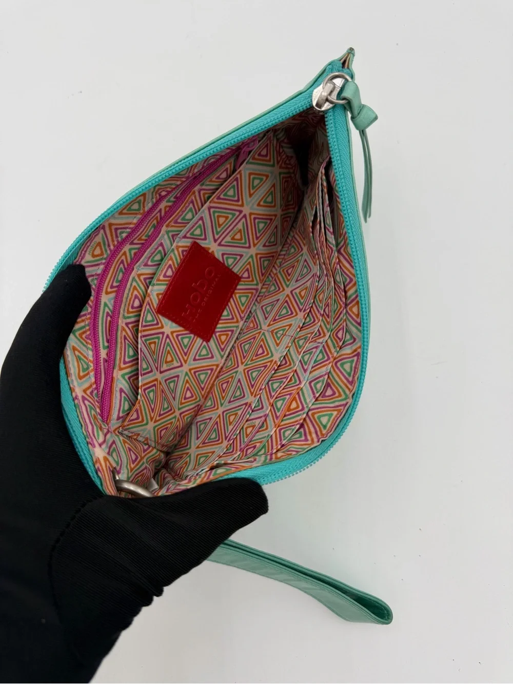 HOBO The Original Vintage Turquoise Leather Wristlet Clutch Geometric Lining